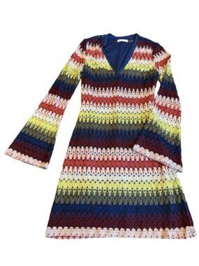Ramy Brook Multicolor Crochet Knit Mini Dress Bell Sleeve Boho Hem Small Women's